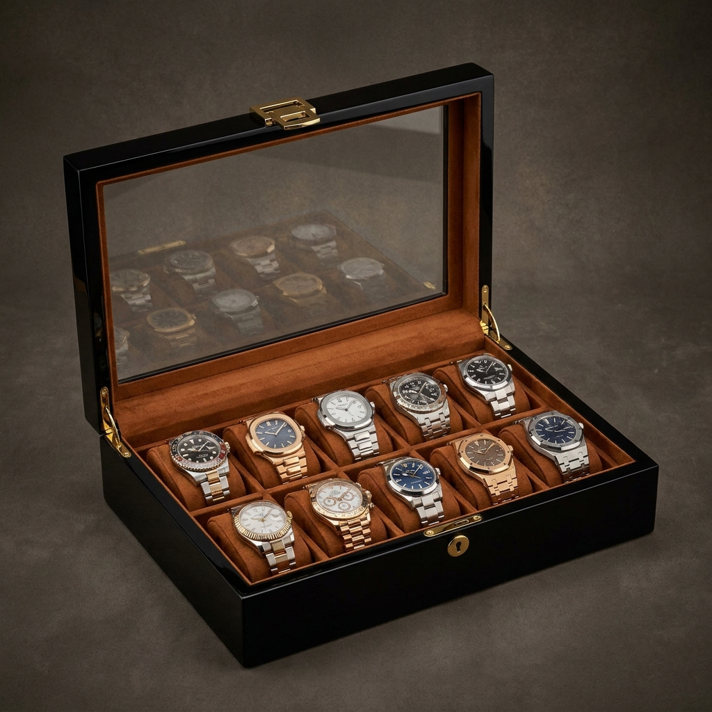 Luxury Watch Box for 10 Watches - Black Lacquer & Cognac Velvet Edmond veltor