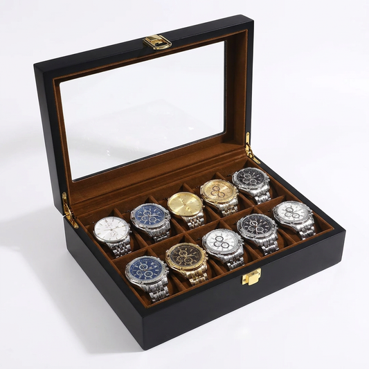 Luxury Watch Box for 10 Watches - Black Lacquer & Cognac Velvet Edmond veltor