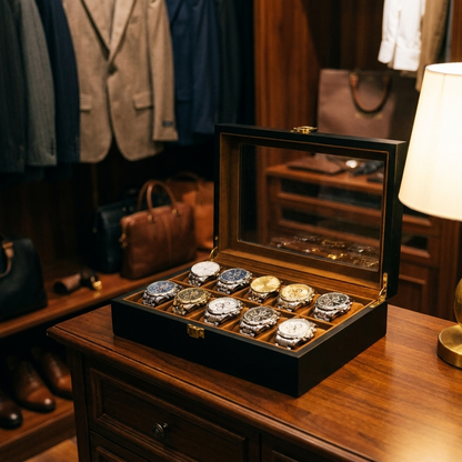 Luxury Watch Box for 10 Watches - Black Lacquer & Cognac Velvet Edmond veltor